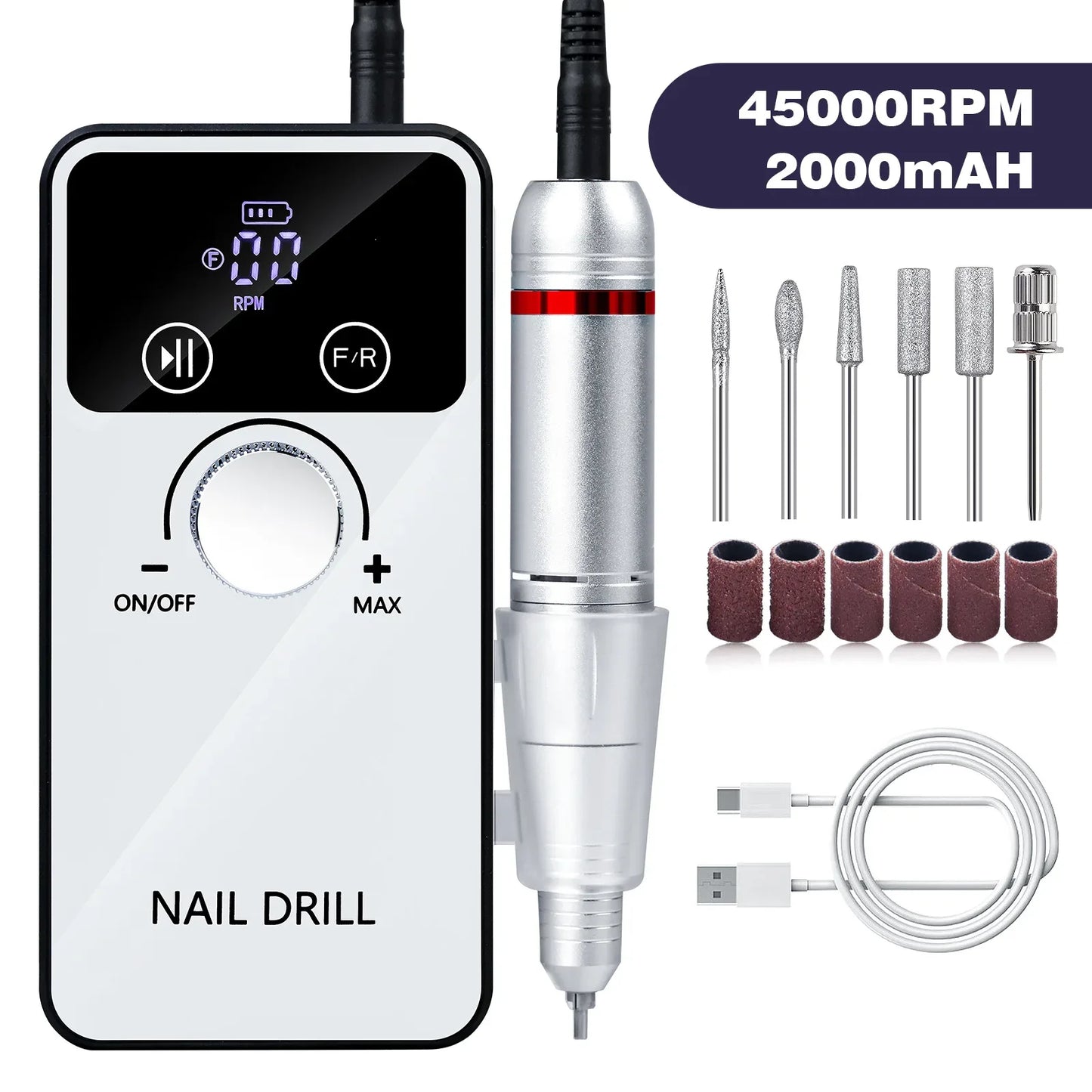 Perceuse à Ongles 45 000 tr/min Sans Fil Rechargeable